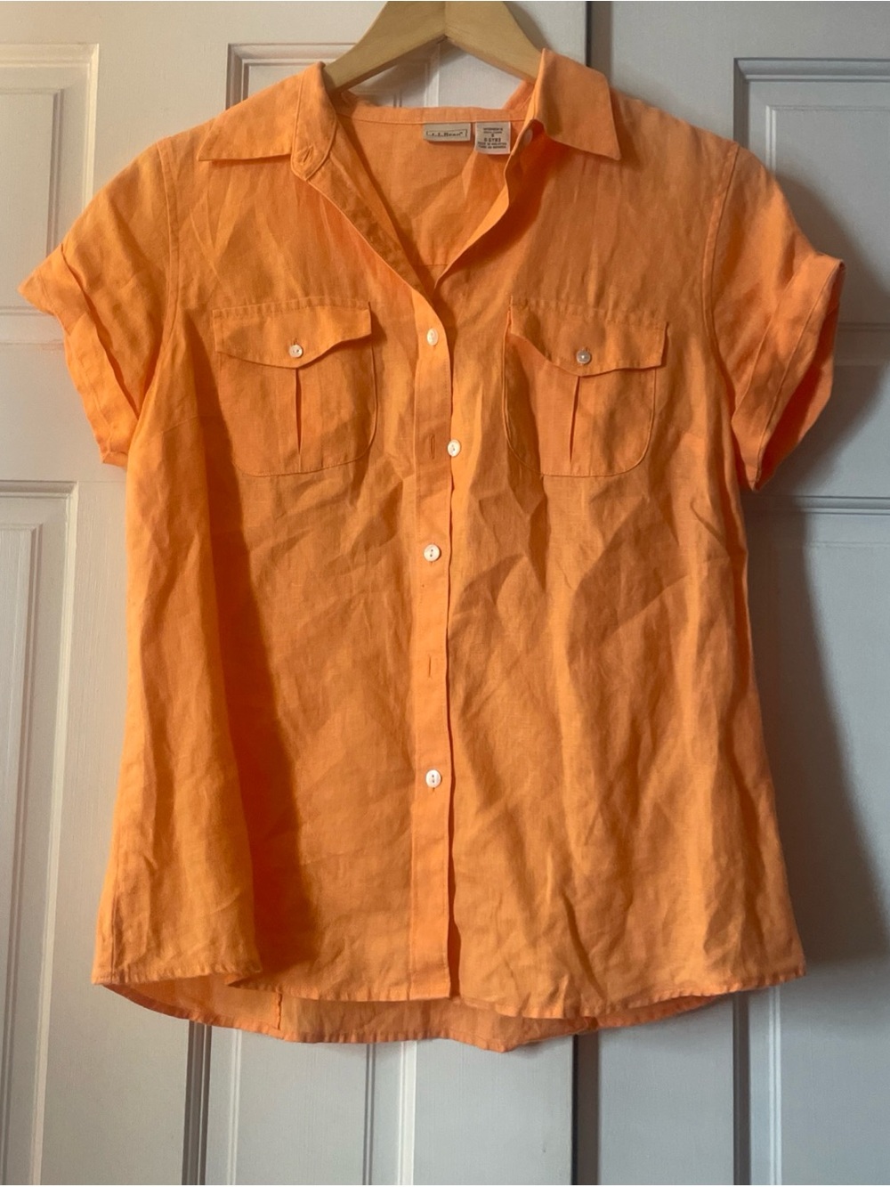 L.L‎ Bean Orange 100% Linen Short Sleeve Button Down Women’s Size Small